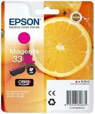 The image shows the packaging of an Epson printer ink cartridge, featuring a slice of orange and the product details.