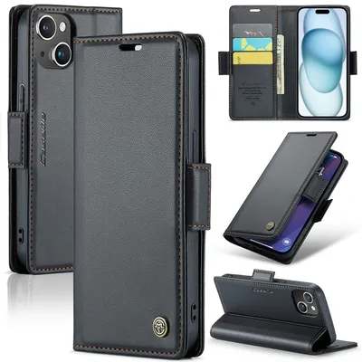 Immagine prodotto di Custodia per iPhone 15 Plus, carta di blocco RFID, custodia in pelle avanzata con funzione di supporto Nero