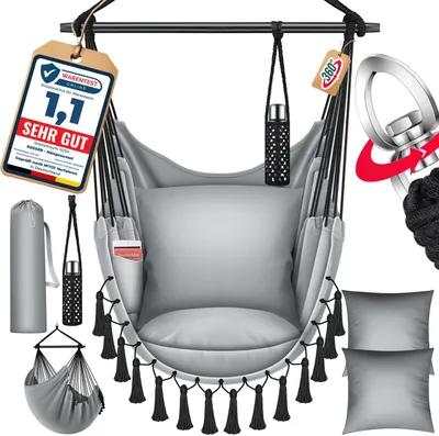 A collage of a hanging chair and its accessories, with marketing labels.