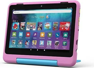 A pink tablet with a blue stand is shown on a white background.