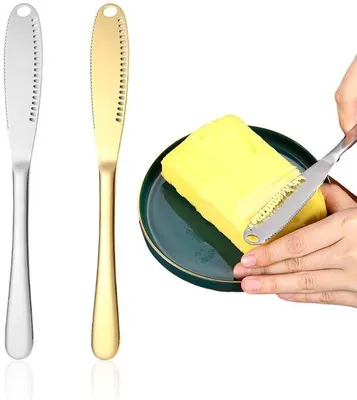 Zdjęcie produktu dla Zestaw noży do masła Unyqoos® (2 sztuki) wykonany ze stali nierdzewnej, ergonomiczny, z polerowaną, lustrzaną powierzchnią, w kolorach złota i srebra – idealny do nakładania, krojenia i rozprowadzania masła