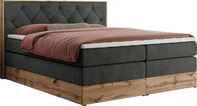 Produktbild von MKS MEBLE King Boxspringbett 180x200 mit Bettkasten Eiche, Polsterbett 180x200 mit Matratze H4, Bett 180x200 mit Kopfteil, Bett mit Holzrahmen in Wotan Eiche - Dunkelgrau Struktur - Veneto King