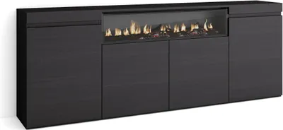 A dark wood sideboard with a glass-enclosed electric fireplace.