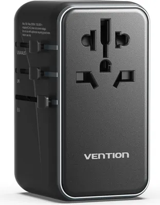 Image de Adaptateur de voyage universel Vention 100 W GaN avec chargeur, 1 port USB-A et 3 ports USB-C, noir
