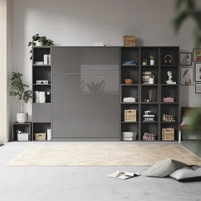 Produktbild von SMARTBett WOHNWAND Schrankbett 140x200 Vertikal mit Regalen Anthrazit/Anthrazit Hochglanz