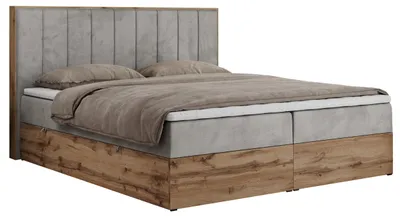 Produktbild von MKS MEBLE Boxspringbett 180x200 mit Bettkasten Eiche, Polsterbett 180x200 mit Matratze H3, Bett 180x200 mit Kopfteil, Bett mit Holzrahmen in Wotan Eiche - Hellgrau Velvet - Bellissimo