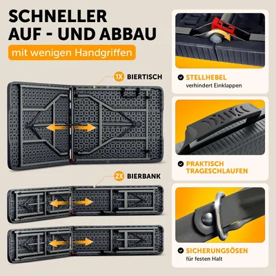 Produktbild von Blumtal Bierzeltgarnitur 3er Set - 2x Bierbank + 1x Biertisch - tragstarke Biertischgarnitur klappbar für 8 Personen - mit Griff, Rattan-Optik Grau