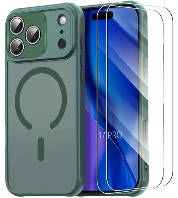 Image de Coque + 2 Verres Trempés pour iPhone 17 Pro, Protection avec Cercle Magnétique et Vitre Caméra - Vert Nuit