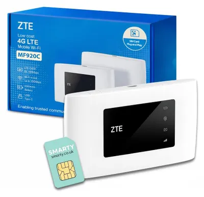 Zdjęcie produktu dla ZTE MF920U, router mobilny 4G LTE (kategoria 4), z obsługą WLAN, odblokowany, przenośny hotspot, umożliwia połączenie do 10 urządzeń, bateria 2000 mAh, w zestawie darmowa karta SIM Smarty, kolor biały