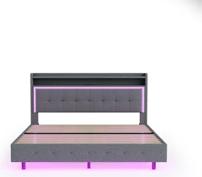 Produktbild von Merax Polsterbett 140x200cm mit USB-Steckdose und LED, Stauraumbett mit Kopfteil, Schwebendes Design, Doppelbett aus Leinenstoff, Grau