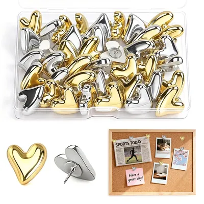 Produktbild von 30 Herz-Reißzwecken mit Aufbewahrungsbox – Dekorative Reißzwecken & Druckreißzwecken für Pinnwand, Fotos, Karten & Heimbüro-Gold Silber