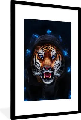 Produktbild von MuchoWow® MuchoWow® Gerahmtes Poster Porträt - Tiger - Blau 60x90 cm - Poster mit zchwarzem Bilderrahmen - Dekoration - Wandposter Wohnzimmer - Hochwertig