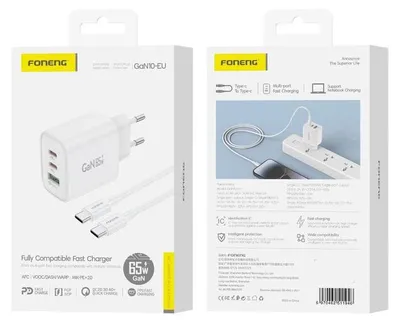 Zdjęcie produktu dla Foneng Ładowarka Sieciowa Gan10-Eu Gan Pd 65W 2Xusb-C + 1Xusb Qc3.0 + Kabel Usb-C - Usb-C Biały