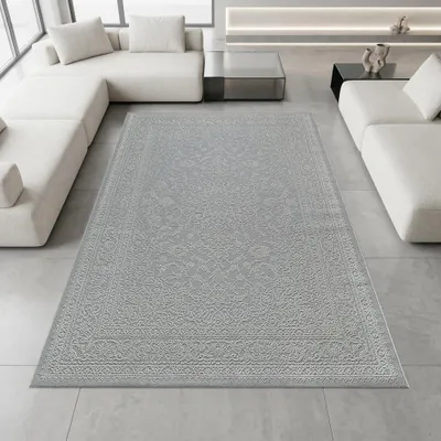 Zdjęcie produktu dla Dywan szary, ozdobny wzór, łatwy w utrzymaniu, wykonany z materiałów pochodzących z recyklingu. Wymiary: 200 x 290 cm