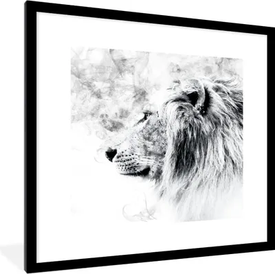 Produktbild von MuchoWow® MuchoWow® Gerahmtes Poster Löwe - Schwarz - Weiß - Linie 40x40 cm - Poster mit zchwarzem Bilderrahmen - Poster - Plakat im Rahmen