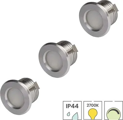 Produktbild von 3-er Set LED-Mini-Einbaustrahler | 3 Watt dimmbar | 2700K warmweiß | Ø 37 mm | IP44 | Silber