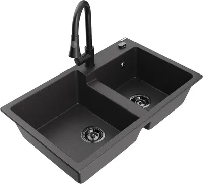 Produktbild von Mexen Tomas 2-Becken-Granitspüle mit Mischbatterie Elia, Schwarz gesprenkelt - 6516-76-670101-70-B