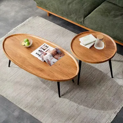 Produktbild von 360Home moderne runder Couchtisch Beistelltisch Wohnzimmertisch Sofatisch Hellbraun 80*55*38cm mit 50*50*48cm 【CJ085】