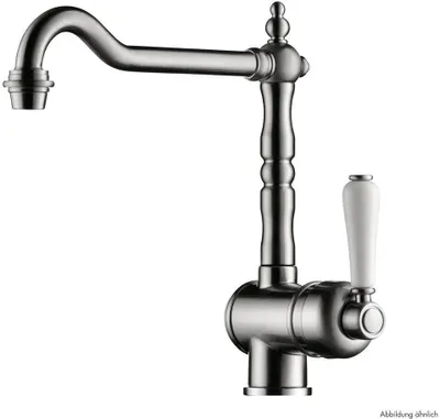 A close-up studio shot of a kitchen faucet against a white background.