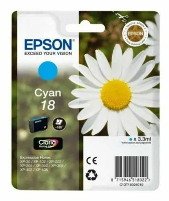 Zdjęcie produktu dla Epson Daisy Atrament 18 Stokrotka Claria Home, pojedyncze opakowanie, cyjan, Standardowa wydajność, Cyjan, 3,3 ml, 1 szt., 180 stron(y), Jednopak