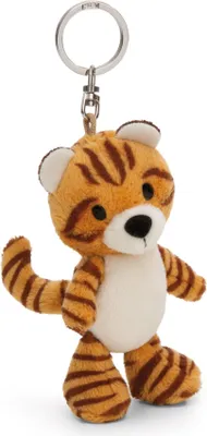 A plush tiger keychain is shown against a white background.
