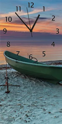Produktbild von Wallario Design Wanduhr Einsames Fischerboot mit Anker am Strand aus Echtglas, Größe 30 x 60 cm