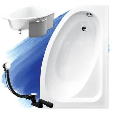 Zdjęcie produktu dla Wanna Akrylowa Zestaw 4w1 Asymetryczna 150x100 Prawa Biała + Zabudowa Styropianowa, Nowoczesny Syfon i Nogi (stelaż) w komplecie | BADLAND CORNEA