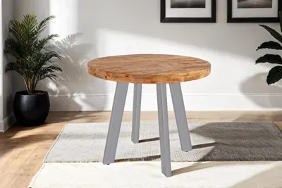 Produktbild von Runder Esszimmertisch 130 cm Adelina, Mangoholz massiv & naturfarben, Esstisch im Used-Look, 4-Fuß-Gestell aus Metall Silber