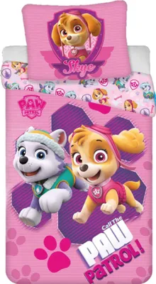A Paw Patrol themed duvet cover and pillowcase set with cartoon dogs.