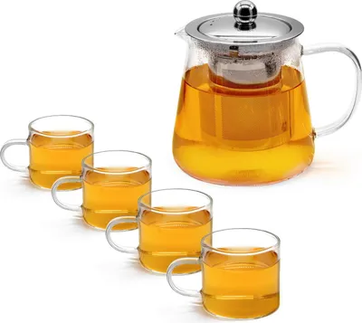 Produktbild von T24 Teekanne Glas mit Siebeinsatz Edelstahl – Hitzebeständige Glaskanne 600ml + 4x100ml
