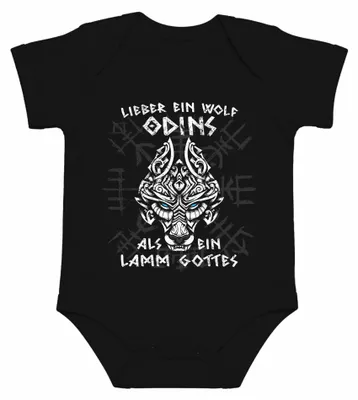 Imagen del producto de Body para bebé, color , con diseño de "Lobo de Odín", "Cordero de Dios", motivos vikingos, runas y el símbolo Vegvisir. Talla 3/6 meses