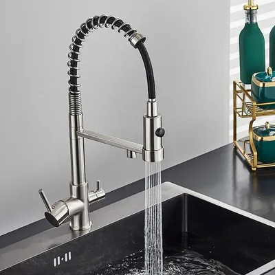 Immagine prodotto di Miscelatore per cucina a due maniglie, per acqua potabile filtrata, con doccetta estraibile, montaggio su piano con due fori, acciaio inossidabile, finitura nichel spazzolato
