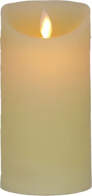 A close-up of a cream-colored LED candle with a flickering flame.