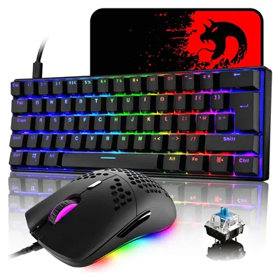 Produktbild von Gaming Tastatur und Maus Set, RGB 60% Mechanische Tastatur, 62 Tasten Wired Beleuchtung Gaming-Tastatur QWERTY + 6400 DPI Ultraleicht  Maus + Mauspad