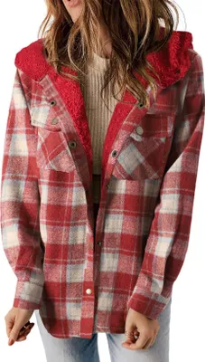 Produktbild von ASKSA Damen Jacke Karierte Winterjacke Oversize Langarm Winter Warme Gefuettert mit Kapuze Knoepfen Casual Maentel Jacken (Rot,S)