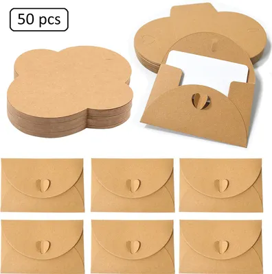 Produktbild von 50 Kraftpapier Umschläge mit 50 Blanko Papier Karten, Mini Briefumschläge mit Herz Verschluss für Geschenkkarten DIY Graffiti