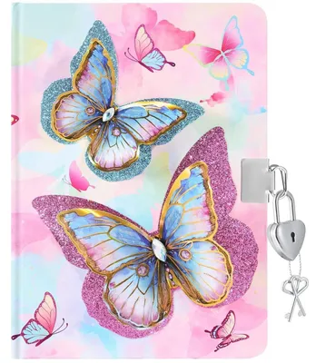 Image de Journal intime pour filles, avec serrure et clé | Motif papillon en 3D | Format A5 | 160 pages lignées