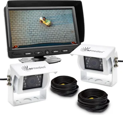 Produktbild von Carmedien Rückfahrvideosystem mit 2 weißen Rückfahrkameras für Wohnmobil LKW Monitor TFT