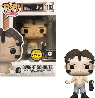 A Funko Pop! Dwight Schrute (Basketball) Chase figure in its packaging, shown next to the figure itself.