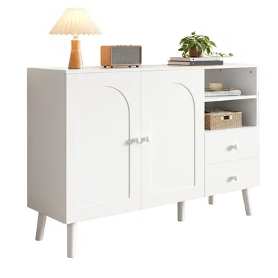 Produktbild von Sideboard 118 cm Kommode modern mit gewölbten Türen 2 Schubladen 2 offene Fächer Stauraumschrank Anrichte für Wohnzimmer Esszimmer Flur Weiß