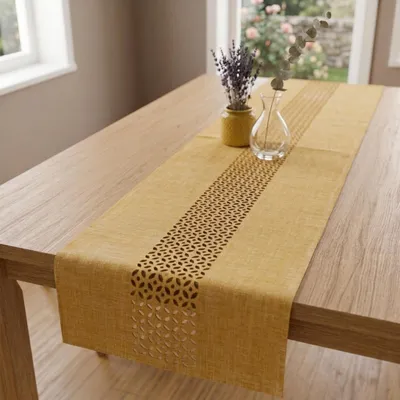 Produktbild von Moderner Tischläufer gelb Leinen-Optik 140 x 40 cm schmal, KI-generiertes Bild