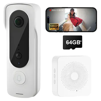 Produktbild von Türklingel WLAN Video-Türklingel mit Kamera, 1080P HD, PIR Bewegungserkennung (1-St), Zwei-Wege-Audio, Nachtsicht, Wasserdicht, mit 64GB SD-Karte & Ak