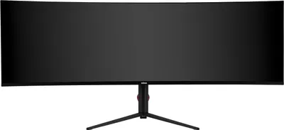 A black, curved computer monitor on a stand, presented against a white background.