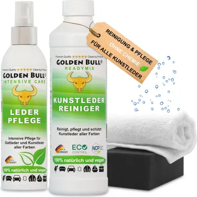 Produktbild von Golden Bull® Kunstleder Reiniger & Kunstleder Pflege Set - Kunstlederreiniger 500ml, Kunstlederpflegespray 250ml, Schwamm, Tuch für Auto, Sofa & Couch