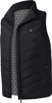 A black heated vest is shown against a white background.