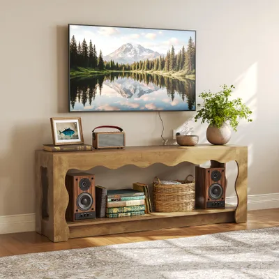 Image de Support TV pour téléviseur de 65 pouces, meuble TV en bois avec rangements, console TV de style rustique, table console avec étagère ouverte
