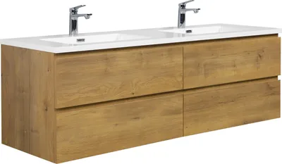 A double vanity bathroom cabinet with a wood grain finish and white countertops and sinks.