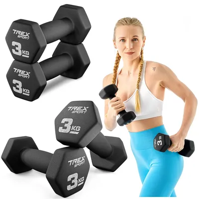 A woman is holding dumbbells next to a set of dumbbells.