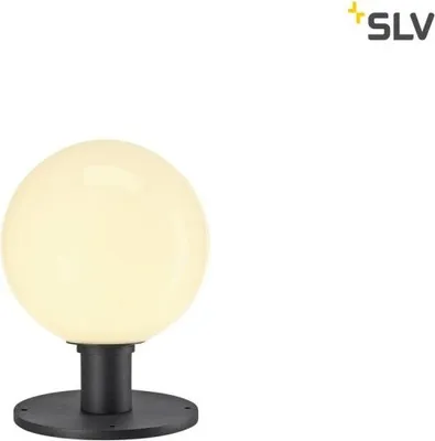 A single outdoor lamp with a spherical shade on a black base.