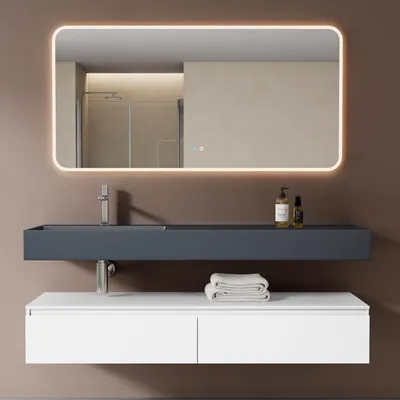 Produktbild von Mai & Mai Badmöbelset 150x48x25cm Unterschrank Weiß matt mit Soft-Close Schubladen inkl. Mineralguss-Waschbecken links in Anthrazit matt und LED-Badspiegel